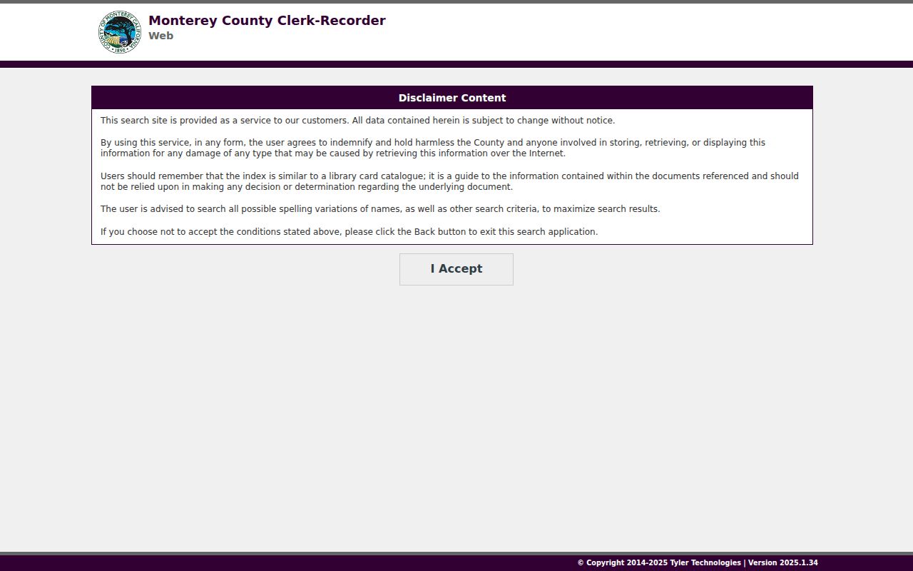 Monterey County people search current recorder index entry screen