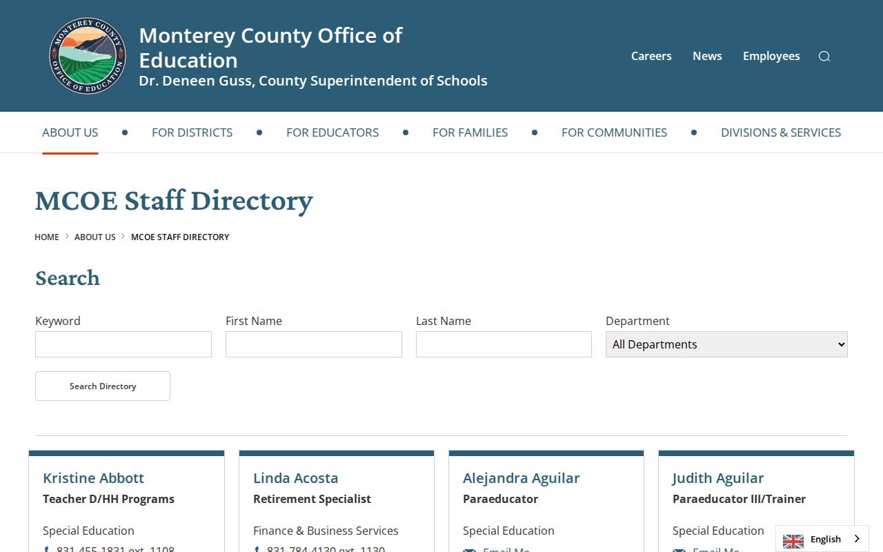 Monterey County people directories page for MCOE education staff