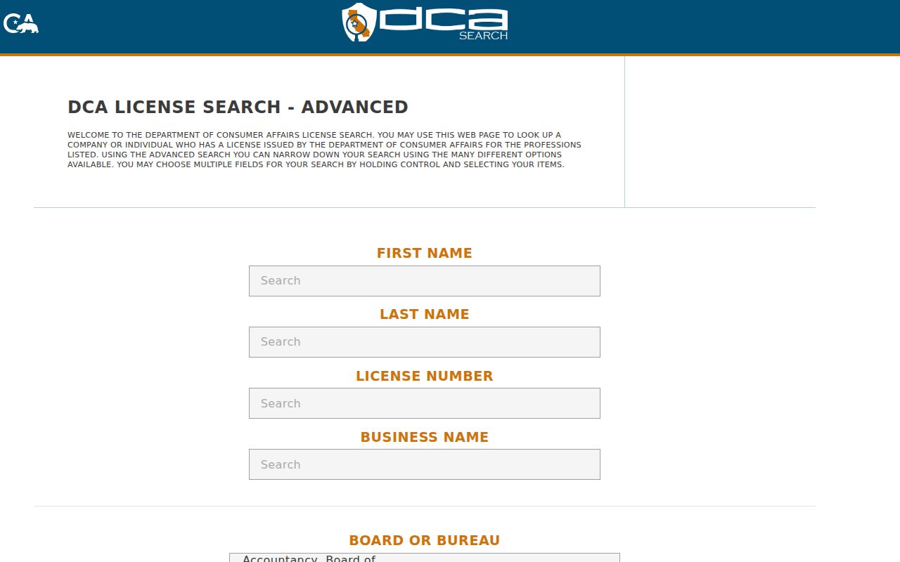 Monterey County people directories search in California DCA license portal