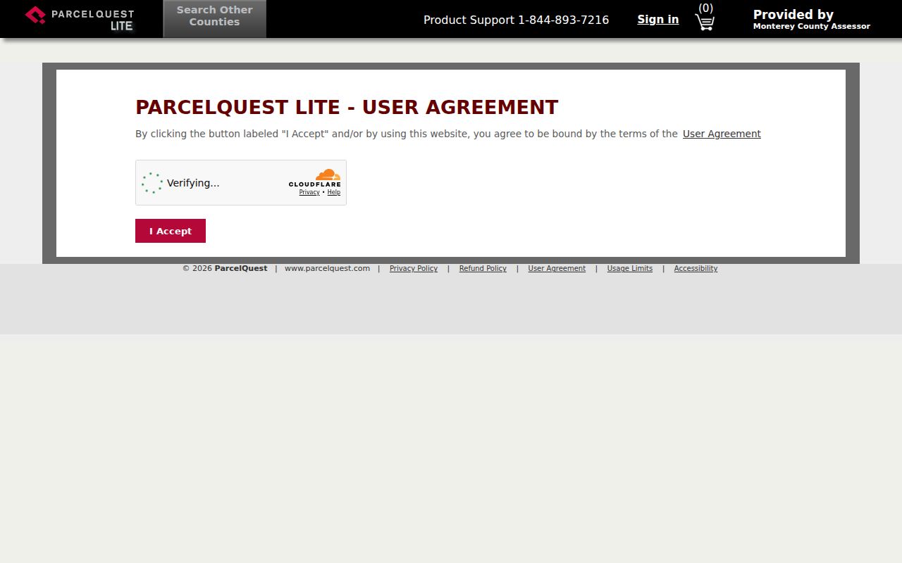 Monterey County public records ParcelQuest Lite agreement